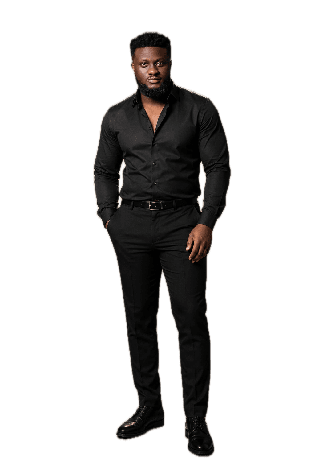Full-length cutout portrait of Ahn-TiYe in a black dress shirt