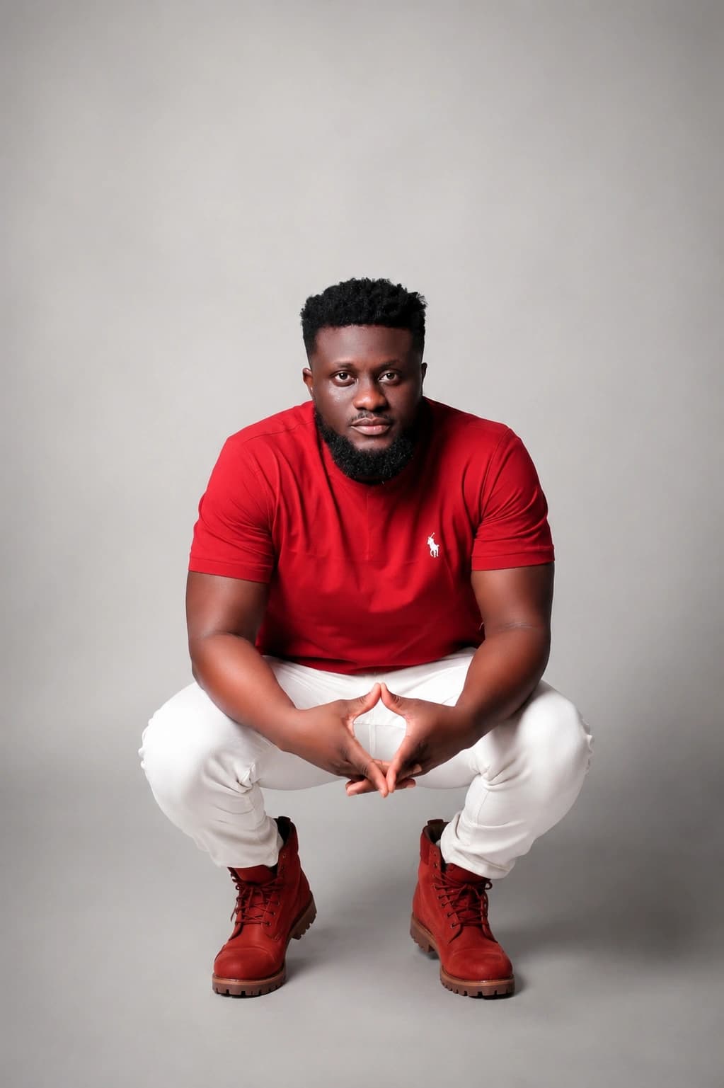 Ahn-TiYe seated in a red T-shirt, white trousers and red boots